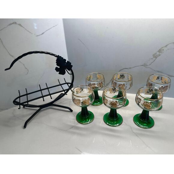 Set 6 Roemer Bockling Green Stem Trim Wine Glasses Wrought Iron Rack Germany - Picture 3 of 9